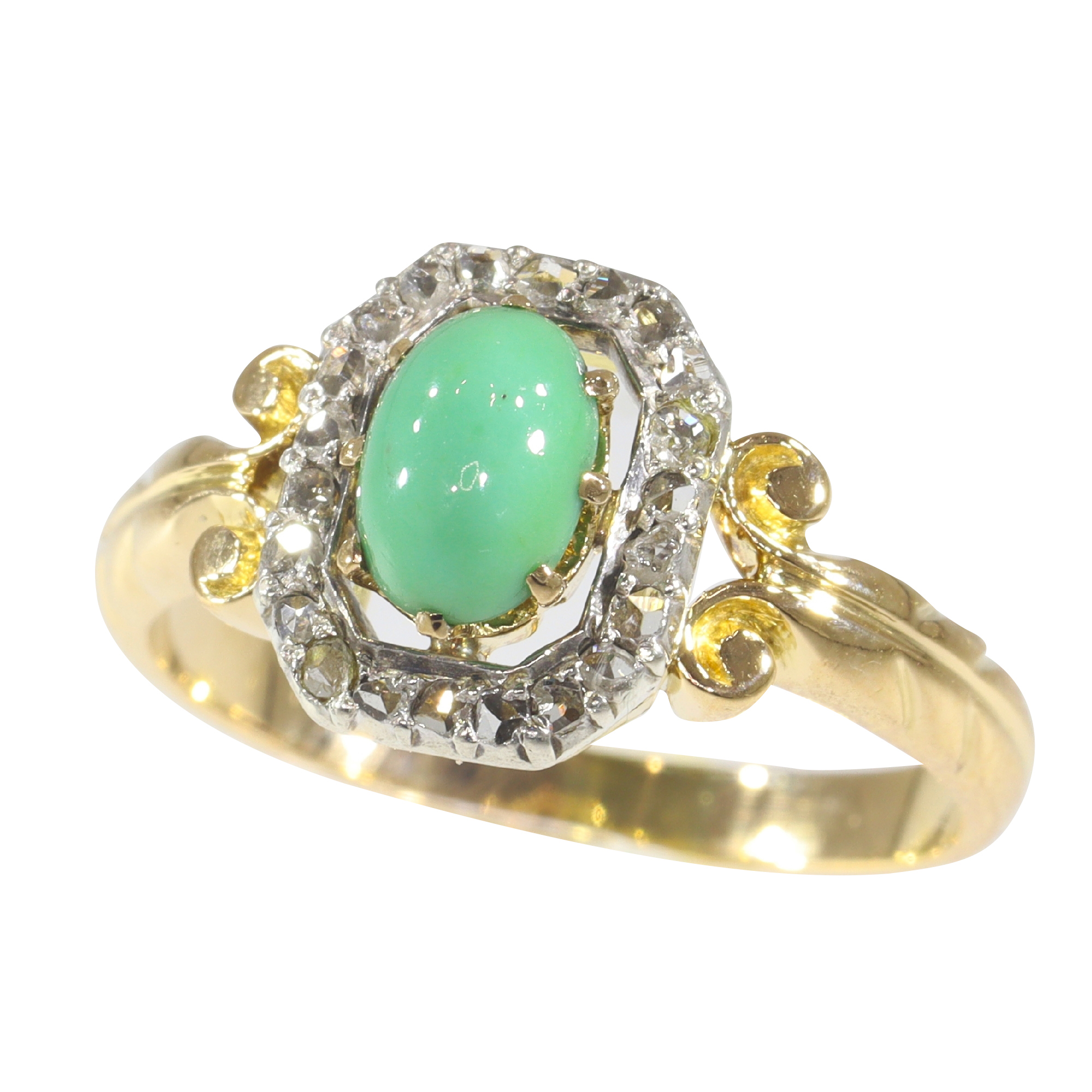 Antique Victorian 18K gold ring with rose cut diamonds and turquoise
